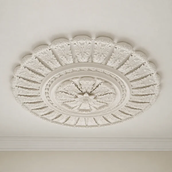 Finish visualisation of a circular plaster ceiling rose with a fan pattern