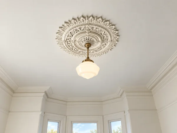Finish visualisation of an intricate plaster ceiling rose with an antique-brass and opal-glass schoolhouse pendant, smooth painted ceiling and bay-window cornice