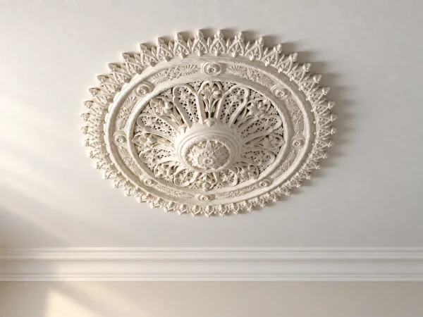 AI-assisted finish visualisation of an ornate plaster ceiling rose in warm natural window light