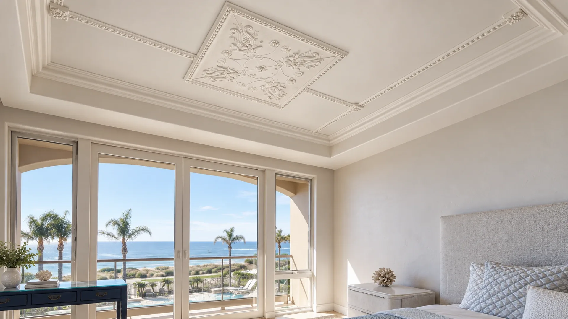 AI interior concept of a coastal bedroom with a floral plaster ceiling panel, decorative battens and cornices overlooking the ocean