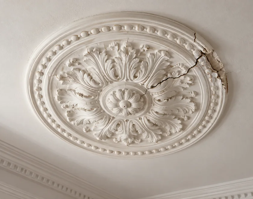AI visualisation of a cracked ceiling rose with chipped plaster detail.