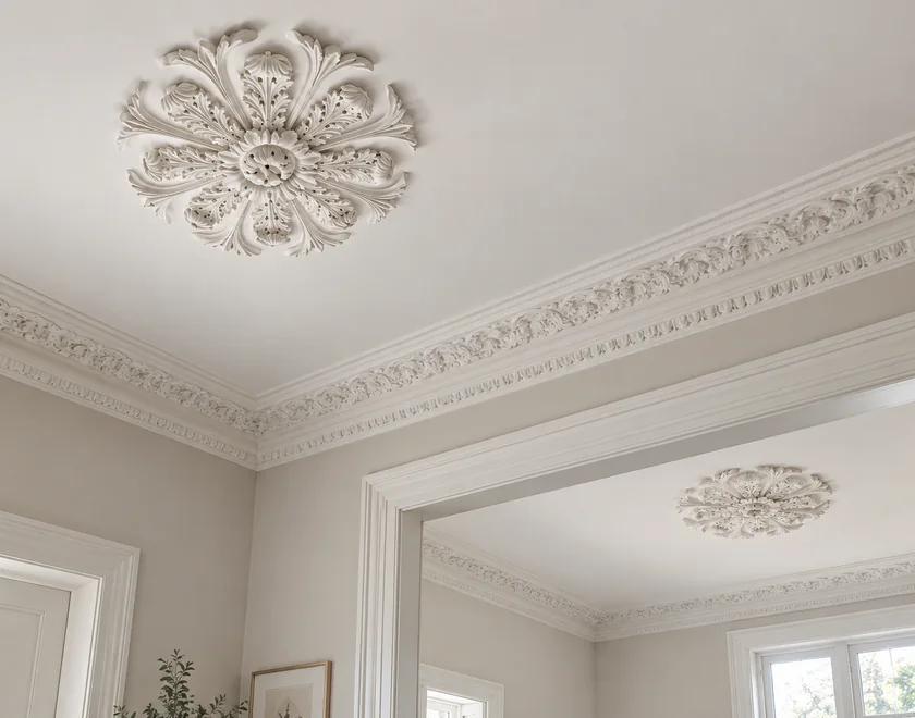 AI visualisation of matching ceiling roses and cornices in adjoining rooms.