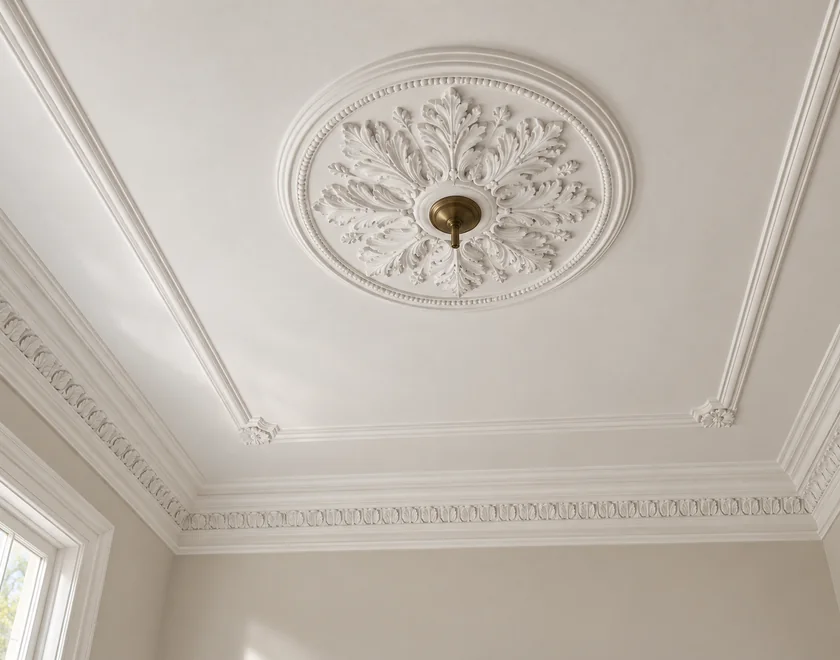 AI visualisation of a finished ceiling with a rose, panel mouldings and cornices.