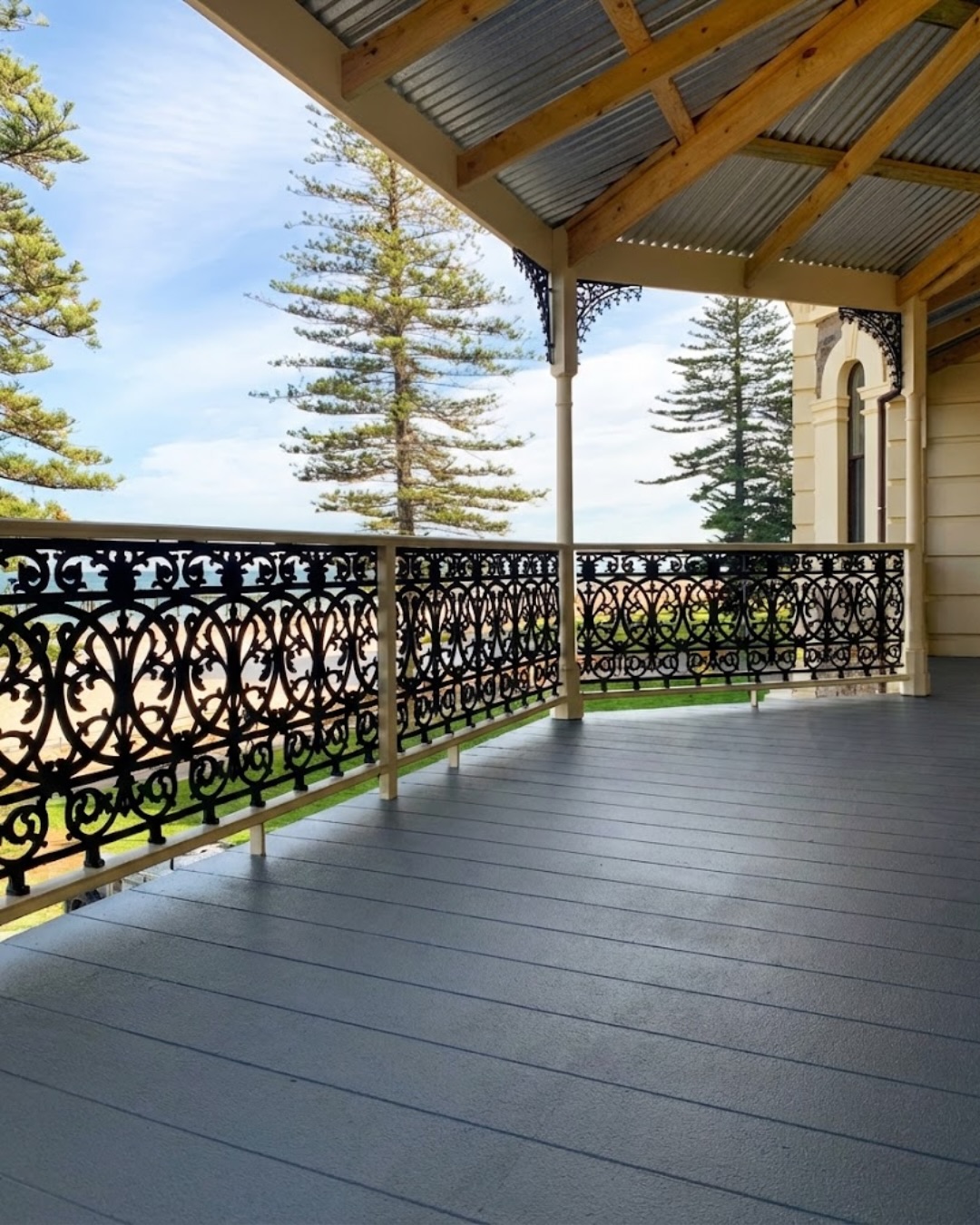 Restored balcony with cast iron lacework at Seafield Tower