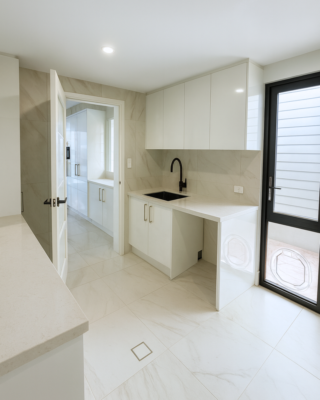 Northhaven laundry sink area with overhead cabinetry, external door and butler's pantry bench space